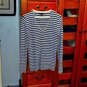 Banana Republic Blue and White Striped V-Neck Sweater